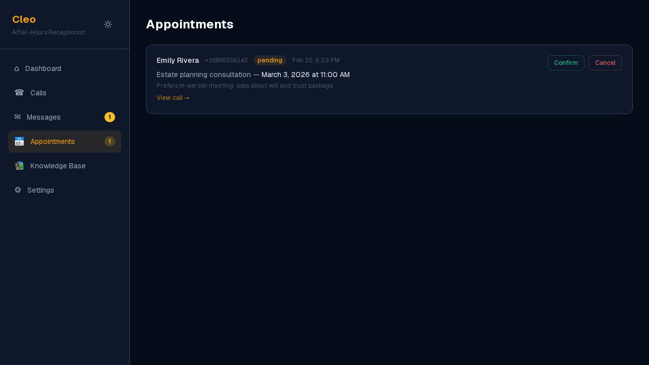 Appointment booking and schedule management screen