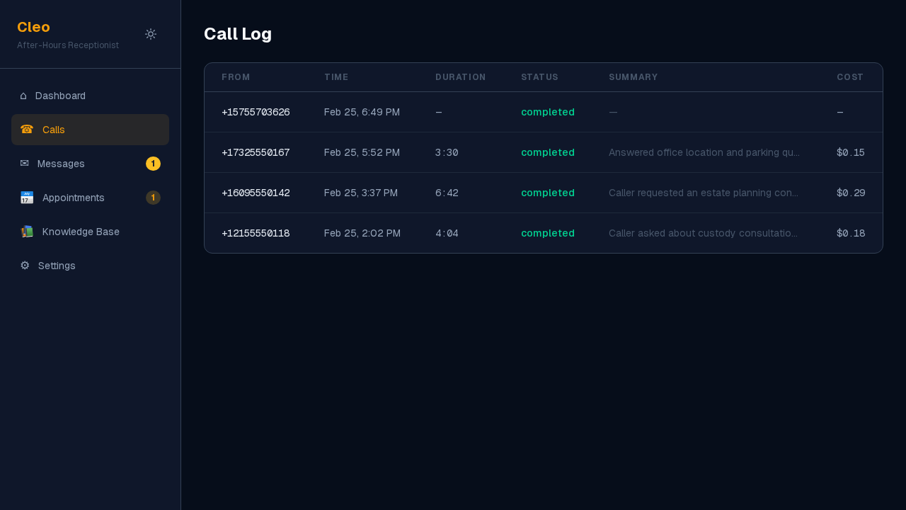 Calls list and call management interface