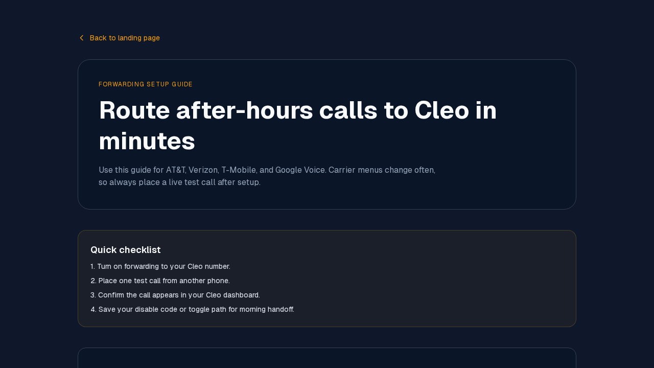 Call forwarding setup guide page