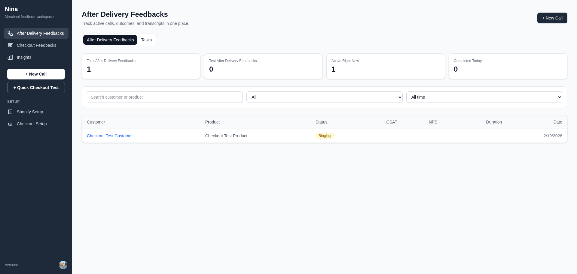 After Delivery Feedbacks call operations workspace (authenticated)