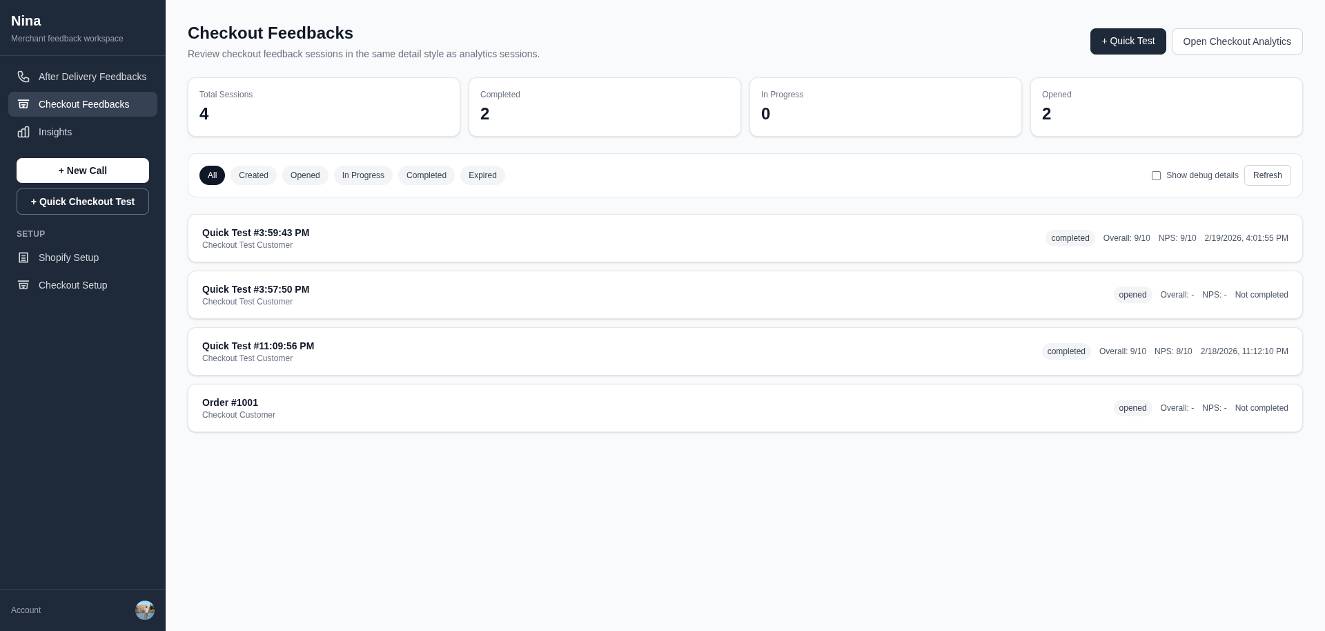 Checkout feedback session management (authenticated)