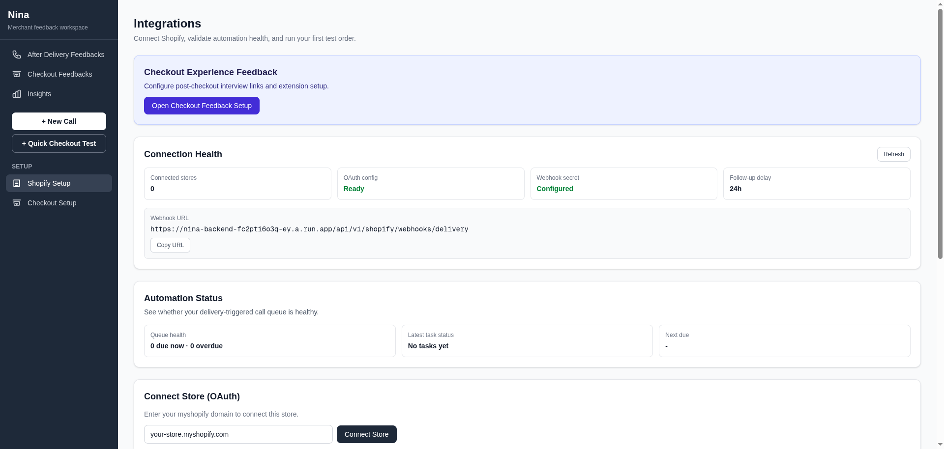 Shopify integration health and setup page (authenticated)